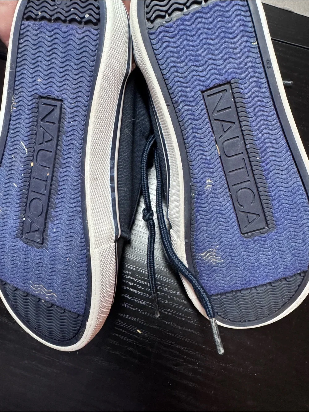 Nautica Navy Blue Canvas Lace-Up Sneakers with White Soles and Brown Heel Accent